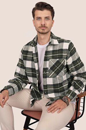 Yeşil Beyaz Geçişli Oversize Kalın Oduncu Hediye Kutulu Gömlek