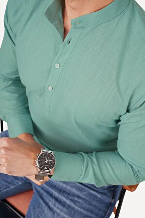 Mint Yeşili Hakim Üç Düğmeli Slimfit Keten Kutulu Gömlek