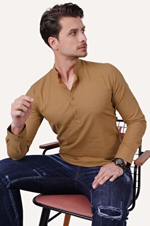 Taba Hakim Yaka Üç Düğmeli Slimfit Keten   Gömlek