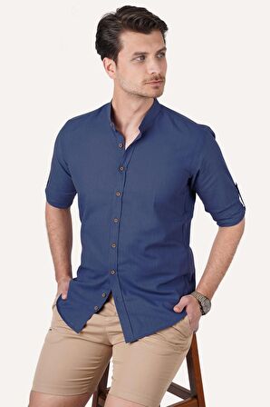Hakim Yaka İndigo Slimfit Keten Hediye Kutulu Gömlek