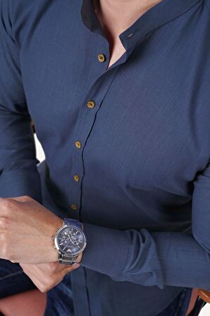 Hakim Yaka İndigo Slimfit Keten Hediye Kutulu Gömlek