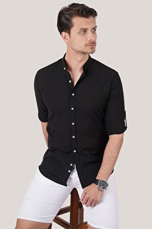 Hakim Yaka Siyah Slimfit Keten Hediye Kutulu Gömlek
