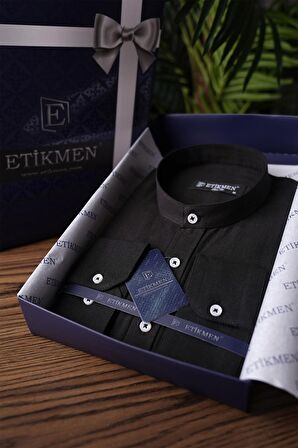 Hakim Yaka Siyah Slimfit Keten Hediye Kutulu Gömlek