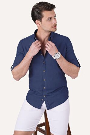 İndigo Yaka Düğmeli Keten Slimfit Hediye Kutulu Gömlek