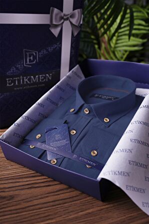 İndigo Yaka Düğmeli Keten Slimfit Hediye Kutulu Gömlek