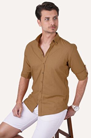 Taba Yaka Düğmeli Keten Slimfit Hediye Kutulu Gömlek