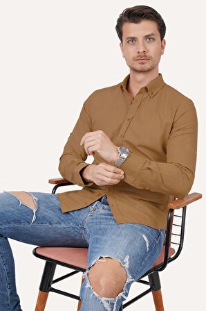 Taba Yaka Düğmeli Keten Slimfit Hediye Kutulu Gömlek