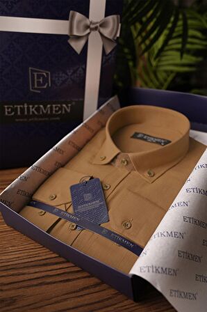 Taba Yaka Düğmeli Keten Slimfit Hediye Kutulu Gömlek