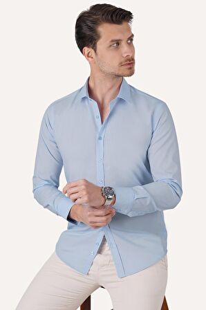 Kolay Ütülenebilir Dakron Düz Mavi Slimfit Gömlek