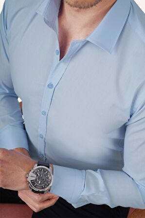 Kolay Ütülenebilir Dakron Düz Mavi Slimfit Gömlek