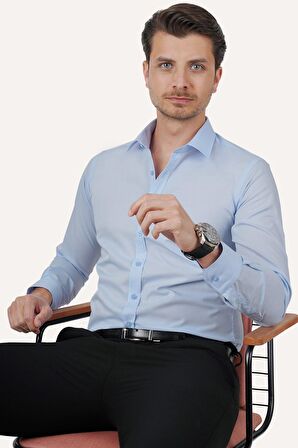 Kolay Ütülenebilir Dakron Düz Mavi Slimfit Gömlek