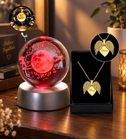 Kişiye Özel Kanatlı Kalp Kolye ve Işıklı 3D Gezegen Küre Hediye Seti