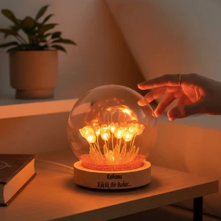 İsme Özel Led Işıklı Lale Cam Fanus Kırmızı