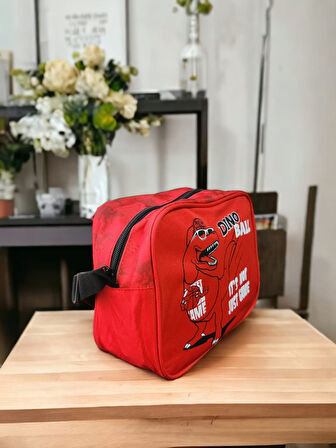 Dinazor Temalı Kırmızı Kumaşlı Okul Çantası ve Beslenme Çantası