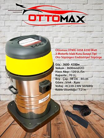 Ottomax  OTX-55-3-WDM 4200 Watt 3 Motorlu Islak Kuru Sanayi Tipi Oto Süpürgesi Endüstriyel Süpürge