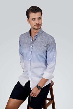 Panolu Mavi Gri Geçişli Keten Slimfit Hediye Kutulu Erkek Gömlek