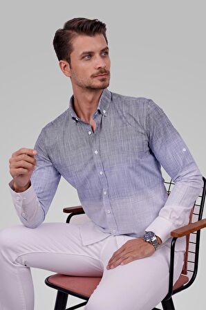 Panolu Mavi Gri Geçişli Keten Slimfit Hediye Kutulu Erkek Gömlek