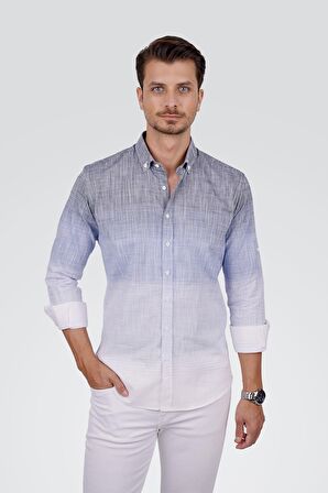 Panolu Mavi Gri Geçişli Keten Slimfit Hediye Kutulu Erkek Gömlek