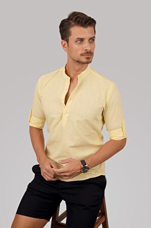 Sarı Hakim Yaka Üç Düğmeli Slimfit Keten Gömlek