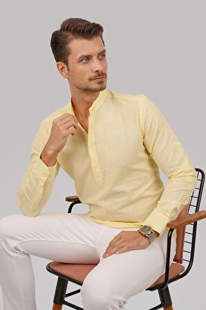 Sarı Hakim Yaka Üç Düğmeli Slimfit Keten Gömlek