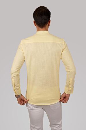 Sarı Hakim Yaka Üç Düğmeli Slimfit Keten Gömlek