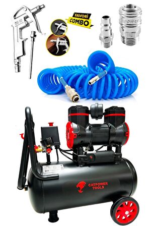 Catpower 24 Litre Sessiz Hava Kompresörü 1.5 Hp Bakır Sargı Motor 8 Bar 15 Metre Spiral Hava Hortumu