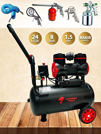 Catpower 24 Litre Sessiz Hava Kompresörü 1.5 Hp Bakır Sargı Motor 8 Bar 5 Parça Havalı Setli