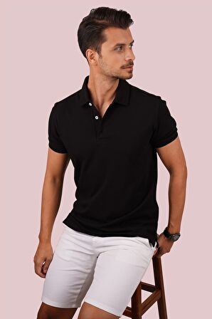 Siyah Yaka Desenli Erkek Polo Tişört