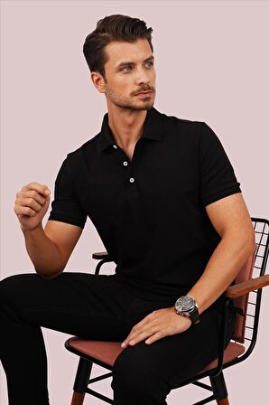 Siyah Yaka Desenli Erkek Polo Tişört