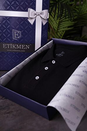 Siyah Yaka Desenli Hediye Kutulu Erkek Polo Tişört