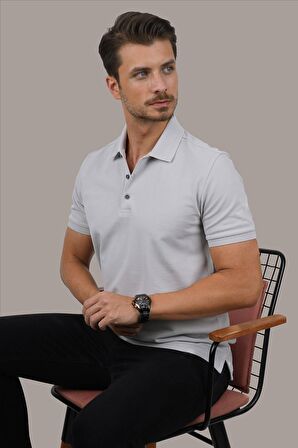 Taş Gri Yaka Desenli Erkek Polo Tişört