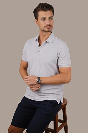 Taş Gri Yaka Desenli Erkek Polo Tişört