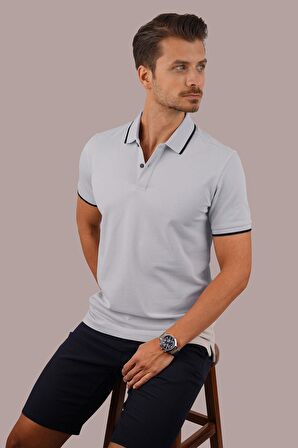 Gri Lacivert Yaka Çizgili Polo Tişört