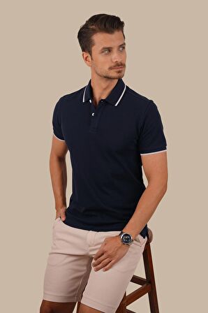 Lacivert Gri Yaka Çizgili Polo Tişört