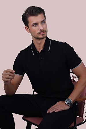Siyah Gri Yaka Çizgili Polo Tişört