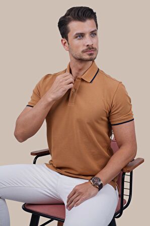 Taba Lacivert Yaka Çizgili Polo Tişört