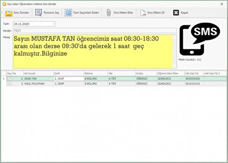 Perkotek Öğrenci Takip Ve Veli Bilgilendirme Yazılımı SMS Gönderme Özelliği