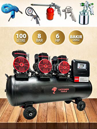 CatPower 100 Litre Sessiz Yağsız Hava Kompresörü 6 Hp 8 Bar 5 Parça Havalı Setli