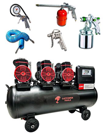 CatPower 100 Litre Sessiz Yağsız Hava Kompresörü 6 Hp 8 Bar 5 Parça Havalı Setli