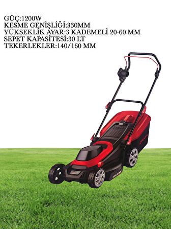 Dakkin 1200W Elektrikli Çim Biçme Makinesi 30 Lt Sepetli