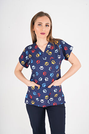 Unisex Pati Desenli Veteriner Doktor Hemşire Hastane Scrubs Tek Üst Üniforması