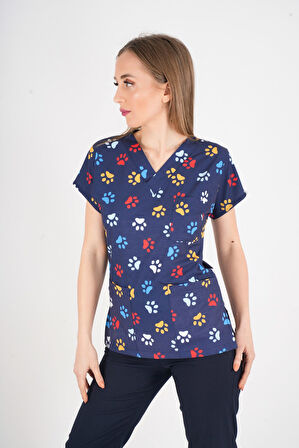 Unisex Pati Desenli Veteriner Doktor Hemşire Hastane Scrubs Tek Üst Üniforması