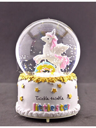 Sevgiliye Hediye Little Star Gökkuşağı Unicorn Kar Küresi Orta Boy Işıklı Müzikli 12cm