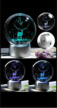 Dekoratif Geyik Temalı Işıklı Renk Değiştiren Dekoratif Cam Küre Plastik Standlı Dekoratif Hediye