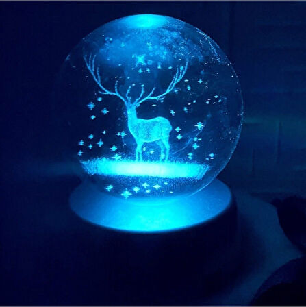 Dekoratif Geyik Temalı Işıklı Renk Değiştiren Dekoratif Cam Küre Plastik Standlı Dekoratif Hediye