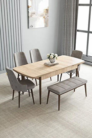 Loft Meşe Desen 80x132 Açılabilir Mdf Masa Yemek Odası Takımı, Mutfak Takımı 4 Sandalye, 1 Bench
