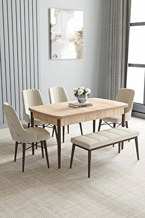 Loft Meşe Desen 80x132 Açılabilir Mdf Masa Yemek Odası Takımı, Mutfak Takımı 4 Sandalye, 1 Bench