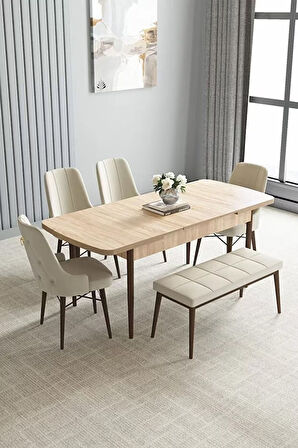 Loft Meşe Desen 80x132 Açılabilir Mdf Masa Yemek Odası Takımı, Mutfak Takımı 4 Sandalye, 1 Bench