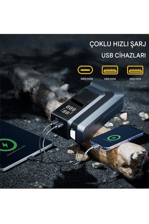 18.000 mAh Akım Korumalı Akü Takviye Cihazı ve Lastik Hava Kompresörü Uyarı Işıklı ve Powerbanklı
