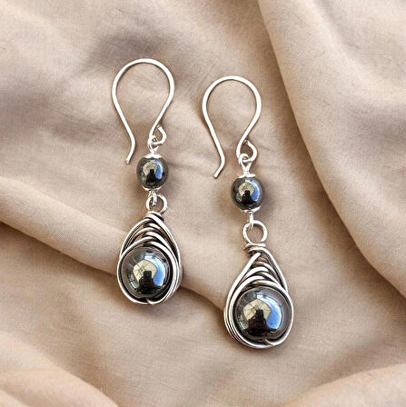 Gümüş Tel Sarma Hematit Doğal Taş Küpe